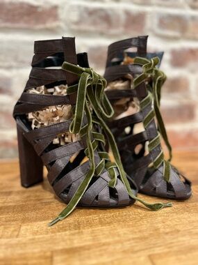 Olive Green Satin Heels WithVelvet Laces - Caged